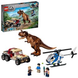 LEGO Jurassic World Inseguimento del Dinosauro Carnotaurus con Elicottero e Camioncino, Giocattoli per Bambini dai 7 Anni in su,