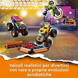 LEGO City Stuntz Arena dello Stunt Show, Set con 2 Monster Truck Giocattolo, 2 Automobiline, Moto Giocattolo con Meccanismo a Sp