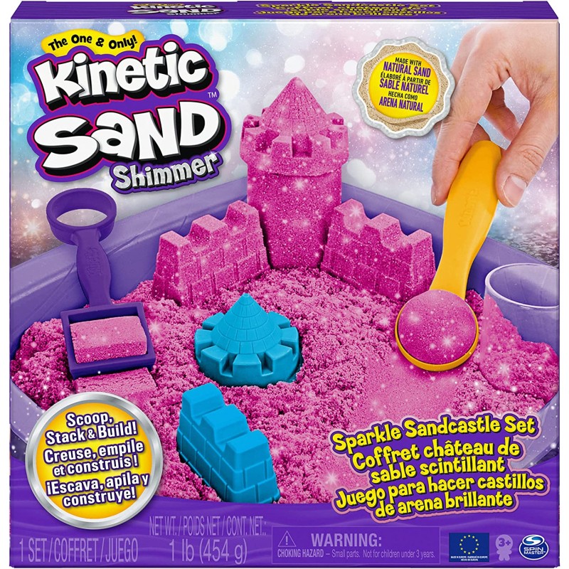 Kinetic Sand |Castello di Sabbia Shimmer | Sabbia cinetica 454gr | Sabbia Magica | Sabbia Colorata Glitterata Rosa | 3 Accessori