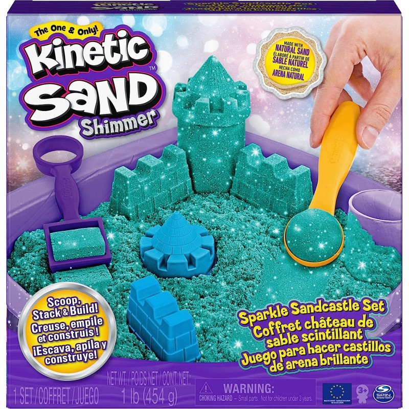 Kinetic Sand |Castello di Sabbia Shimmer | Sabbia cinetica 454gr | Sabbia Magica | Sabbia Colorata Glitterata Verde | 3 Accessor