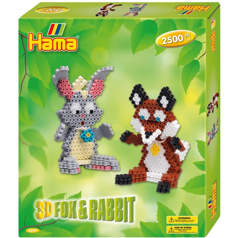 Hama - Set di perline, Rabbit & Fox 3D, Coniglio e Volpe, Multicolore, Taglia Unica, AMA3247