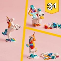 LEGO 31140 Creator Unicorno Magico con Arcobaleno, Set 3 in 1 con Animali Giocattolo Fantastici, Cavalluccio Marino e Pavone, So