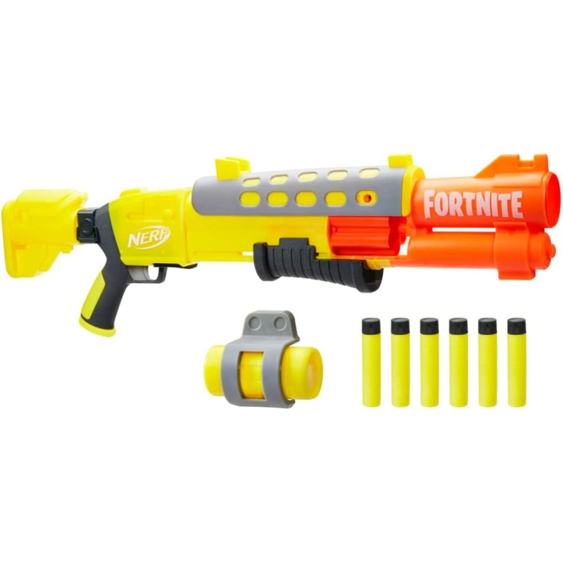 Hasbro - Nerf, Fortnite Legendary, Blaster TAC, design con copertura gialla, tamburo a 6 dardi, 6 dardi Nerf Mega Accustrike - F