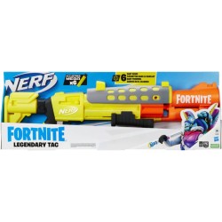 Hasbro - Nerf, Fortnite Legendary, Blaster TAC, design con copertura gialla, tamburo a 6 dardi, 6 dardi Nerf Mega Accustrike - F