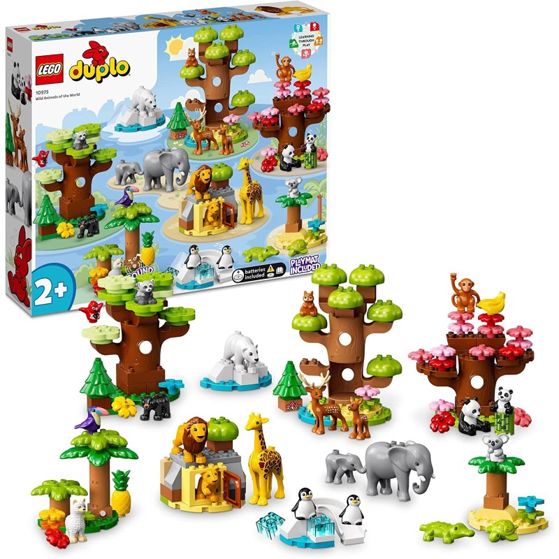 LEGO 10975 DUPLO Animali del Mondo, Giochi Educativi per Bambini, 22 Figure di Animali, Mattoncino con Suoni Realistici, Tappeti