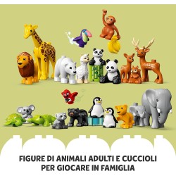 LEGO 10975 DUPLO Animali del Mondo, Giochi Educativi per Bambini, 22 Figure di Animali, Mattoncino con Suoni Realistici, Tappeti