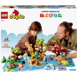 LEGO 10975 DUPLO Animali del Mondo, Giochi Educativi per Bambini, 22 Figure di Animali, Mattoncino con Suoni Realistici, Tappeti