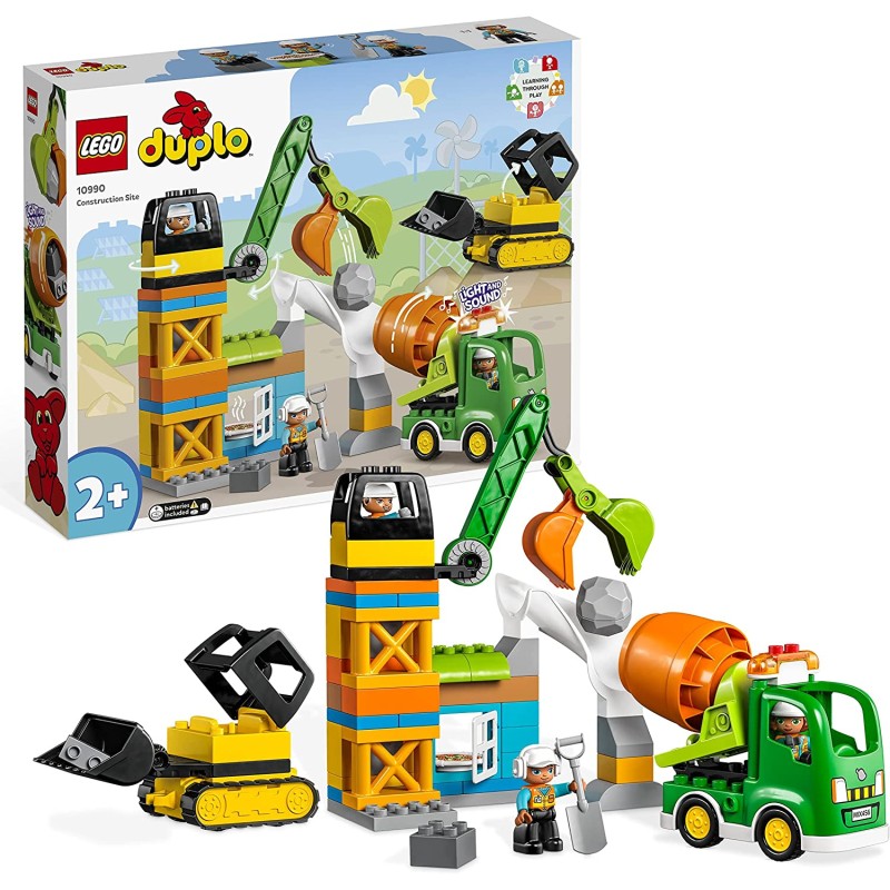 LEGO 10990 DUPLO Town Cantiere Edile con Bulldozer, Betoniera e Gru Giocattolo, Giochi Educativi e Sensoriali con Luci e Suoni p