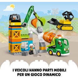 LEGO 10990 DUPLO Town Cantiere Edile con Bulldozer, Betoniera e Gru Giocattolo, Giochi Educativi e Sensoriali con Luci e Suoni p