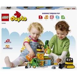 LEGO 10990 DUPLO Town Cantiere Edile con Bulldozer, Betoniera e Gru Giocattolo, Giochi Educativi e Sensoriali con Luci e Suoni p