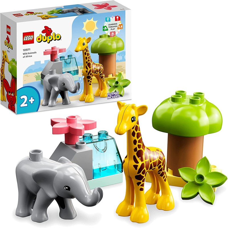 LEGO DUPLO Animali dell’Africa, Giochi Educativi per Bambini dai 2 Anni con Giraffa e Elefante Giocattolo, Tappetino da Gioco, 1