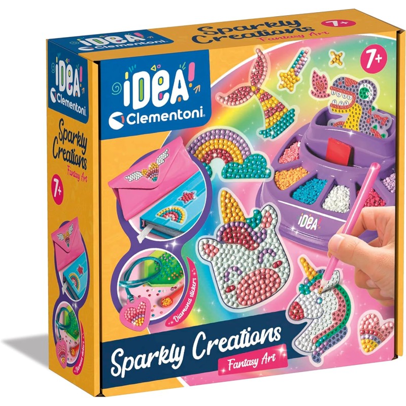 Clementoni - Idea-Sparkly Creations-Fantasy Painting, Diamond Art, Kit Arte, Laboratorio Gemme, Gioco Creativo Bambini 7 Anni, C