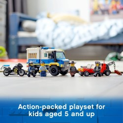 LEGO City Trasporto dei Prigionieri della Polizia, Camion Giocattolo con Moto, Auto, 4 Minifigure, Snake Rattler e Clara La Crim