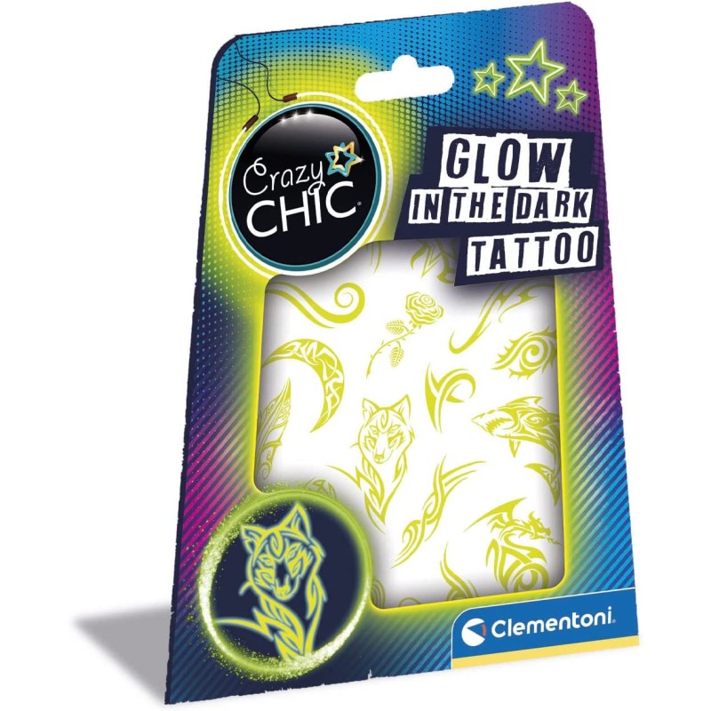 Clementoni - Crazy Chic - Glow In The Dark Tattoo - tatuaggi fluorescenti, kit tatuaggi temporanei bambini - CL18687