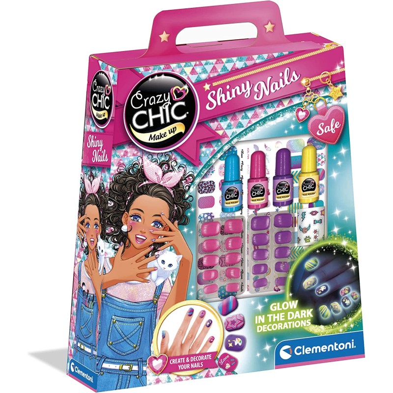 Clementoni - Crazy Chic - Shiny Nails - Kit finte, Set Bambina 6 Anni Decora Unghie Fluorescenti, Trousse smalti, Regalo per Man