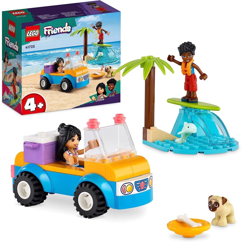 LEGO - Friends Divertimento sul Beach Buggy con Macchina Giocattolo, Tavola da Surf, Mini Bamboline, Delfino e Cane, 41725