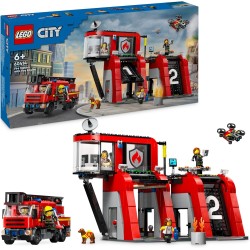 LEGO - City Caserma dei Pompieri e Autopompa, Stazione con Camion Giocattolo d Emergenza, 6 Minifigure, Cane e Accessori, 60414