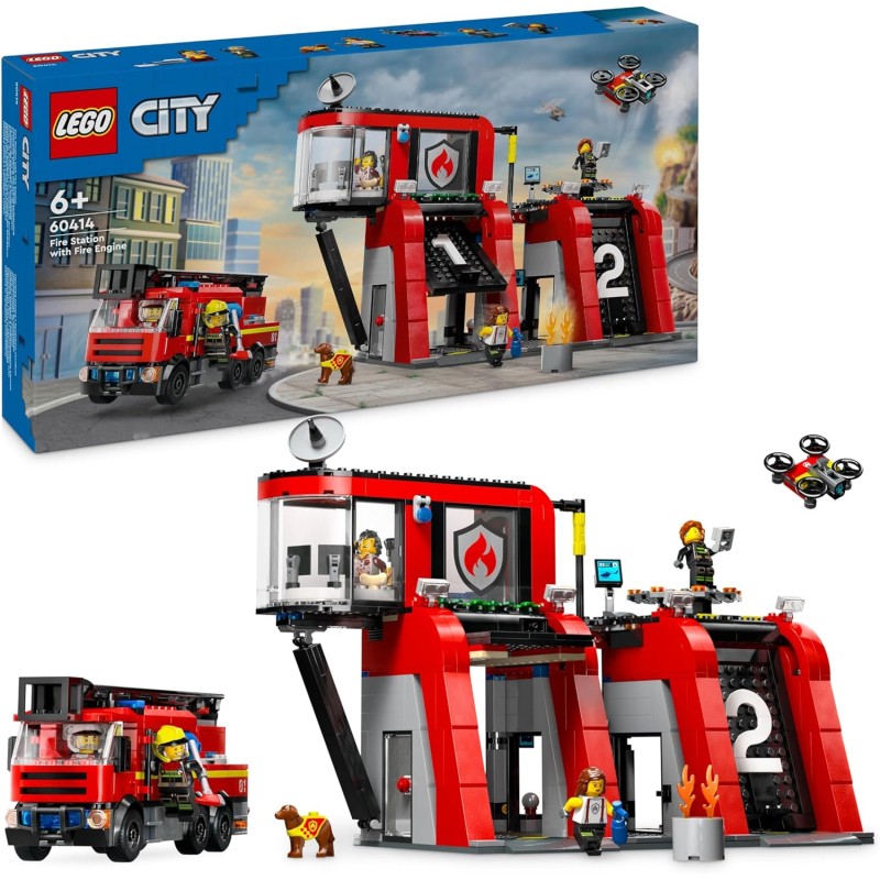 LEGO - City Caserma dei Pompieri e Autopompa, Stazione con Camion Giocattolo d Emergenza, 6 Minifigure, Cane e Accessori, 60414