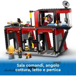 LEGO - City Caserma dei Pompieri e Autopompa, Stazione con Camion Giocattolo d Emergenza, 6 Minifigure, Cane e Accessori, 60414