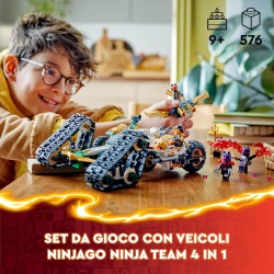 LEGO NINJAGO Cingolato del Team Ninja, Veicolo Giocattolo 4 in 1 con 2 Moto, Aliante e Macchina Fuoristrada da Costruire, da 9 A