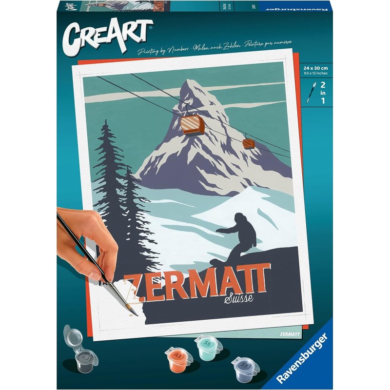 Ravensburger - CreArt Zermatt in Svizzera, Kit per Dipingere con i Numeri, Contiene Tavola Prestampata 24x30 cm, Pennello, Color