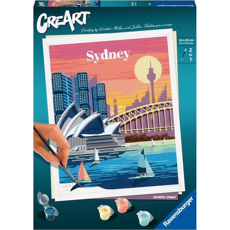 Ravensburger - CreArt City: Sydney, Kit per Dipingere con i Numeri, Contiene Tavola Prestampata 24x30 cm, Pennello, Colori e Acc