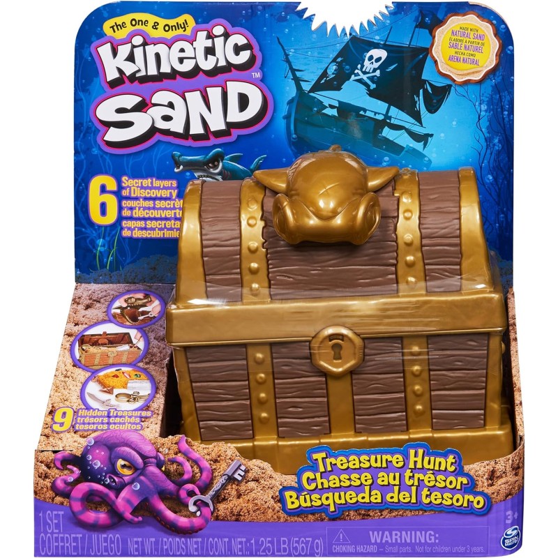 Spin Master - Kinetic Sand, Playset Caccia al Tesoro, con 567gr di Sabbia Marrone e Dorata Scintillante, 9 Tesori Nascosti da Tr