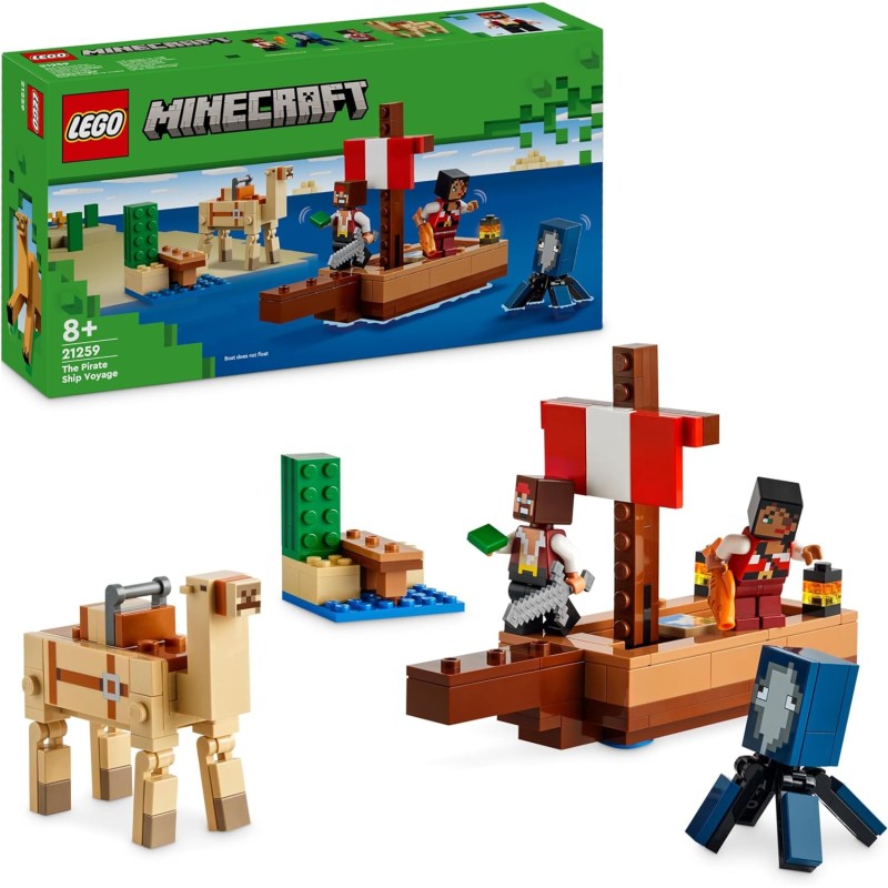 LEGO - Minecraft Il Viaggio del Galeone dei Pirati, Barca Giocattolo da Costruire con 2 Personaggi e 2 Animali, da 8 Anni, Regal