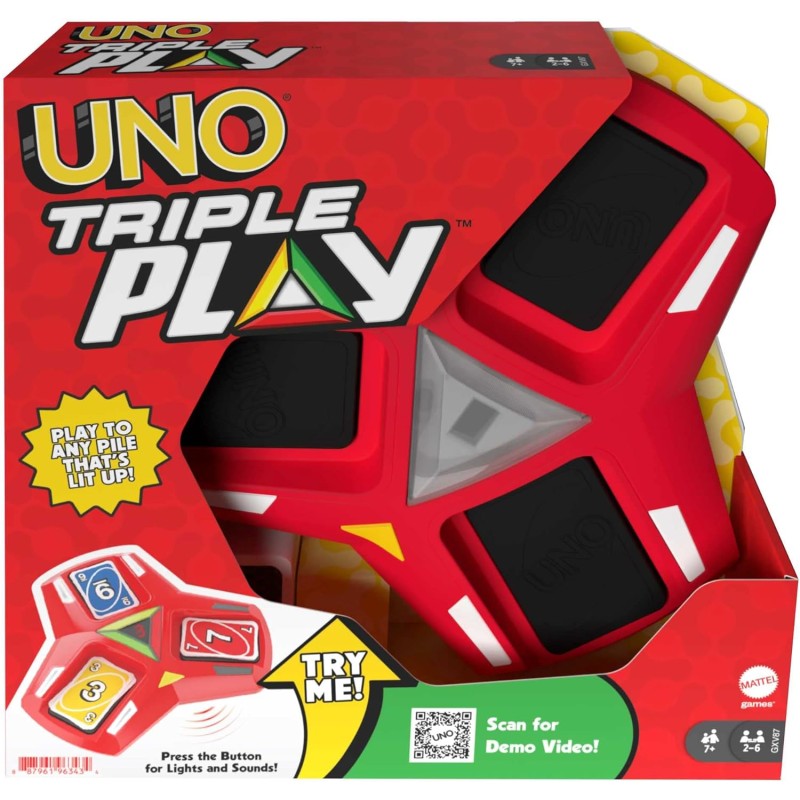 Mattel Games - UNO Triple Play Gioco di Carte con Porta-Carte, Luci Led e Suoni