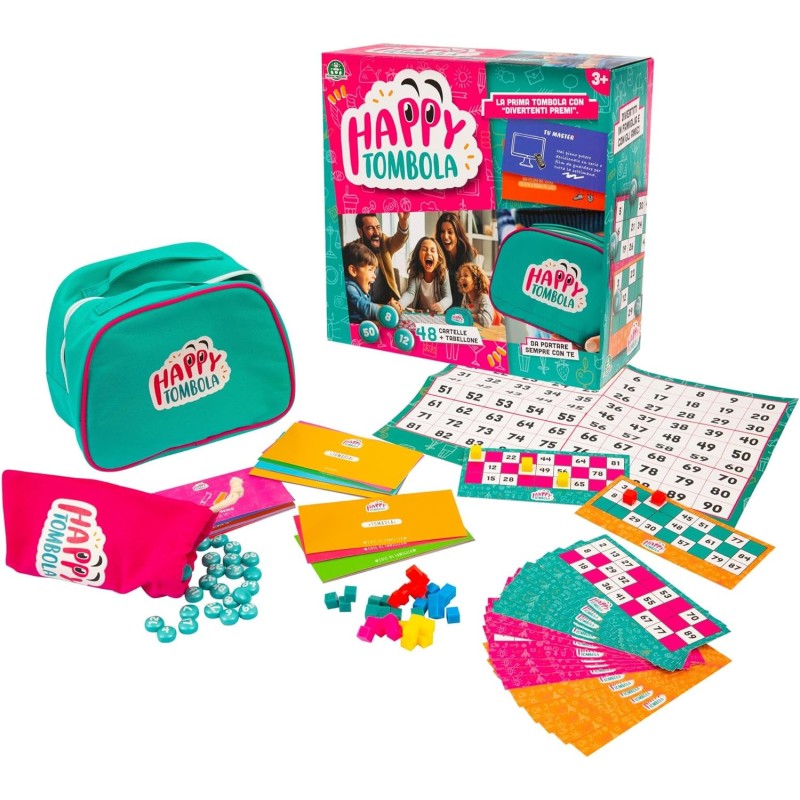 Giochi Preziosi - Happy Tombola, Tombola Classica Rinnovata con Tabellone, Cartelle, Numeri, Timbri Cancellabili e Carnet Premi 