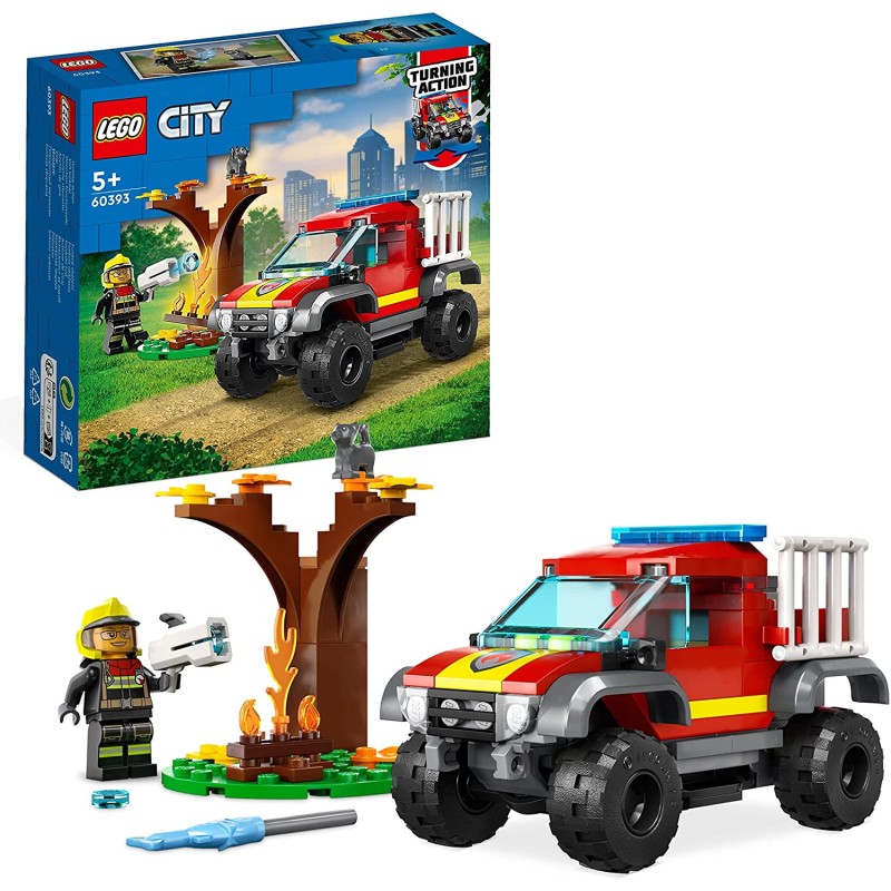 LEGO 60393 City Fire Soccorso sul Fuoristrada dei Pompieri, Camion Giocattolo dei Vigili del Fuoco 4x4 Lancia-Elementi d Acqua -