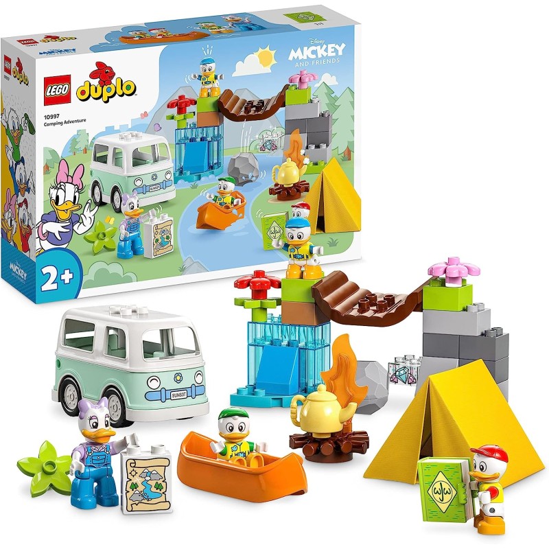 LEGO 10997 DUPLO Disney Topolino e i Suoi Amici Avventura in Campeggio, Set con Camper Giocattolo, Canoa e Figura di Paperina