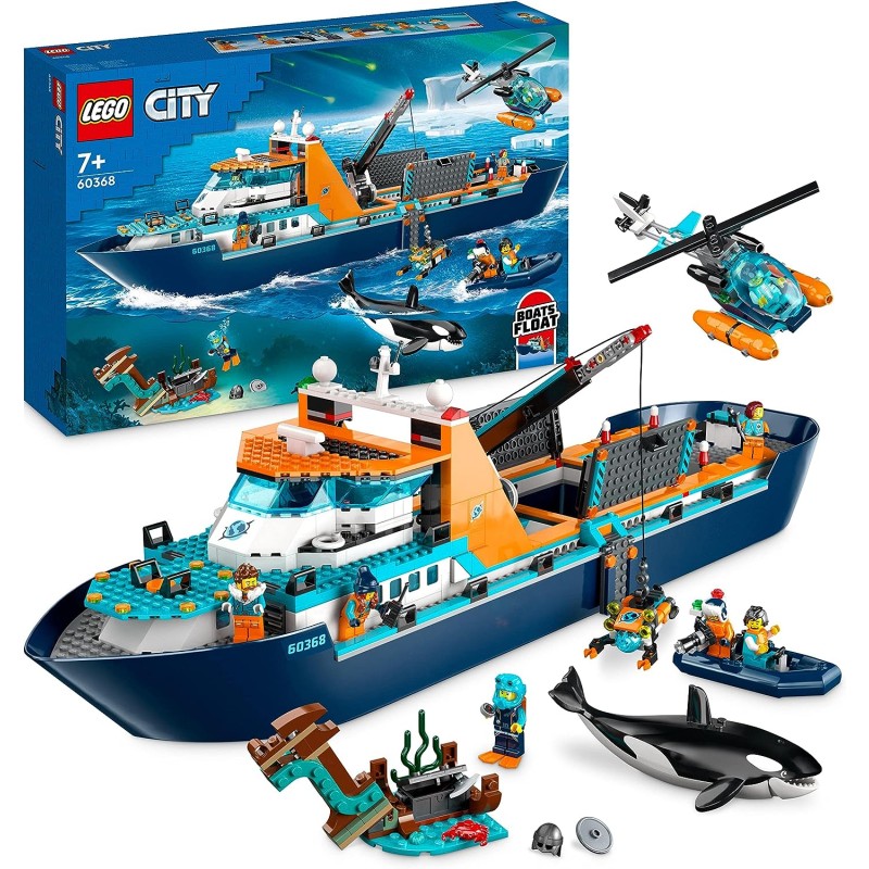 LEGO 60368 City Esploratore Artico, Grande Nave Giocattolo Galleggiante con Elicottero, Gommone, Sottomarino, Relitto Barca Vich