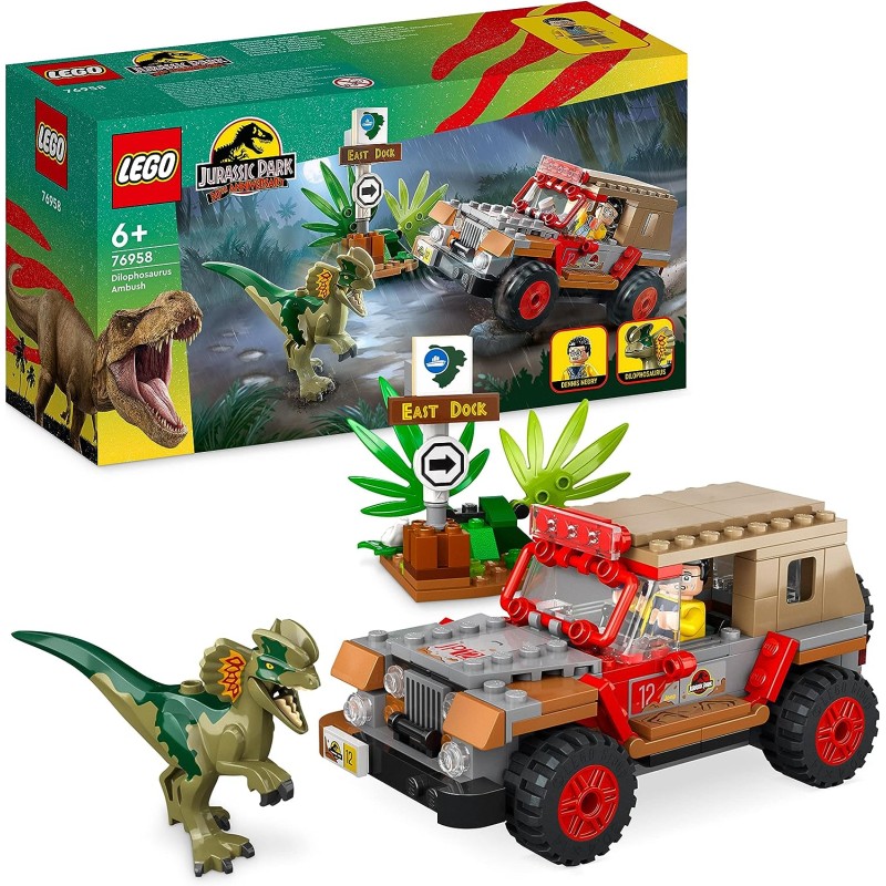 LEGO 76958 Jurassic Park L’Agguato del Dilofosauro, Set Dinosauro Giocattolo con Minifigure e Jeep, Collezione 30° Anniversario