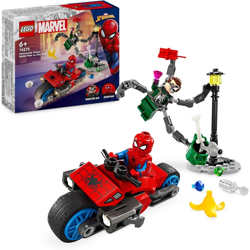 LEGO Marvel Inseguimento Sulla Moto: Spider-Man vs. Doc Ock, Motocicletta Giocattolo da Costruire con Shooter e Spara Ragnatele,