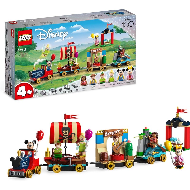 LEGO Disney Treno delle Celebrazioni Disney, Giocattolo Serie 100° Anniversario con Carri di Vaiana, Woody, Peter Pan e Trilli p