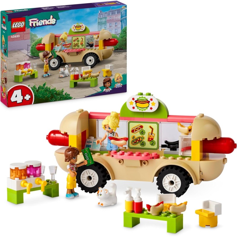 LEGO Friends Food Truck Hot-Dog, Piccolo Camion Giocattolo con Cucina, 2 Mini Bamboline di Leo e Kaya, il Gatto Churro, Accessor