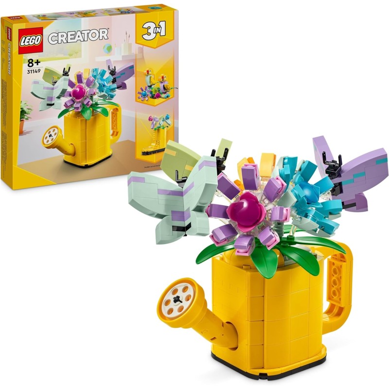 LEGO Creator 3 in 1 Innaffiatoio con Fiori Finti, con Annaffiatoio Giocattolo Trasformabile in Stivale Giallo o in 2 Uccelli con