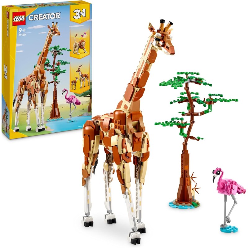 LEGO Creator 3 in 1 Animali del Safari, Giocattolo Trasformabile da Giraffa e Fenicottero in 2 Gazzelle o in Leone e Farfalla, 3