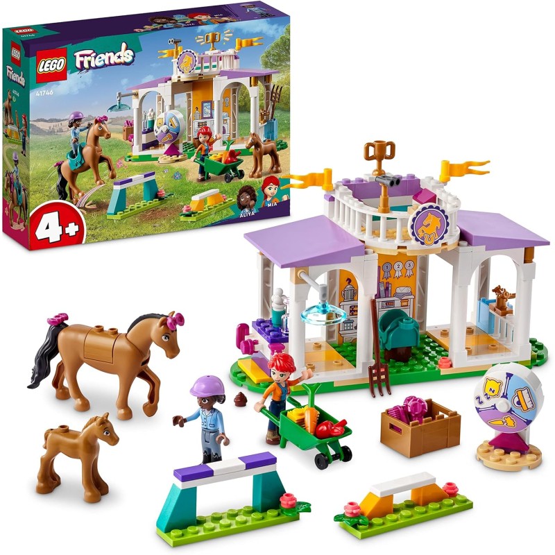 LEGO Friends Addestramento Equestre, Scuderia Cavalli Giocattolo con Pony, Mini Bamboline Aliya e Mia, Regalo per la Cura degli 