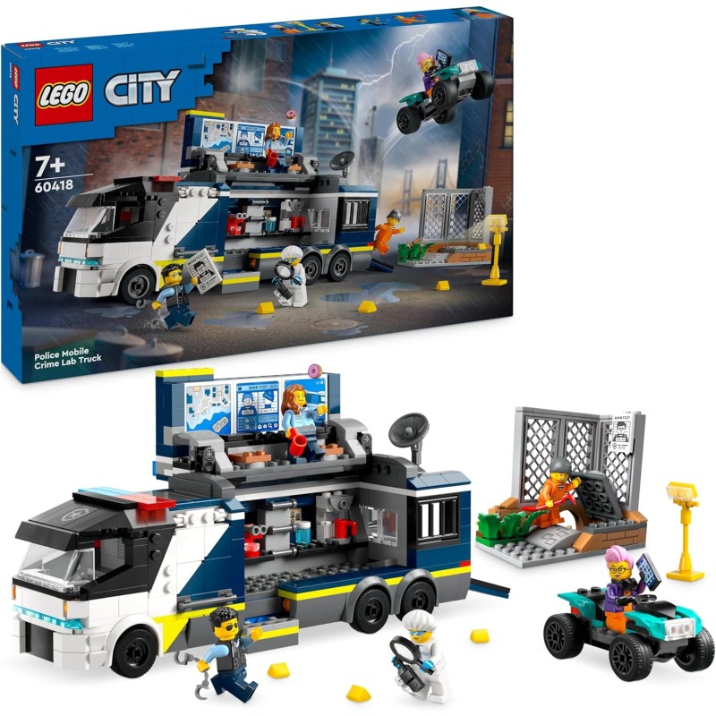 LEGO - City Camion Laboratorio Mobile della Polizia, con Veicolo Quad Bike da Costruire e Minifigure di 2 Agenti, 1 Scienziato e