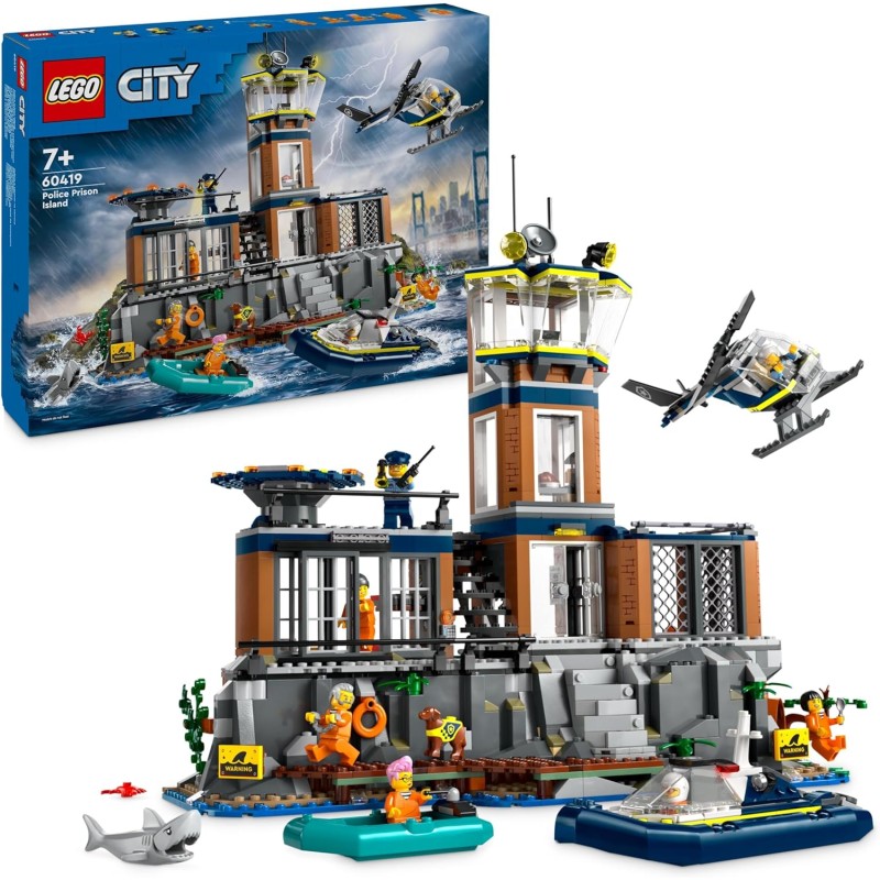 LEGO - City Prigione sull’Isola della Polizia, Giocattolo ricco di Funzioni con Elicottero, Barca, Gommone da Costruire, 7 Minif