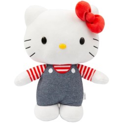 Giochi Preziosi - Hello Kitty Morbido Peluche 30 cm con Outfit alla Moda, Tutina Jeans, Fiocco Rosso, Maglia A Righe Rossa