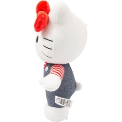 Giochi Preziosi - Hello Kitty Morbido Peluche 30 cm con Outfit alla Moda, Tutina Jeans, Fiocco Rosso, Maglia A Righe Rossa