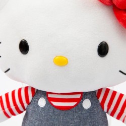 Giochi Preziosi - Hello Kitty Morbido Peluche 30 cm con Outfit alla Moda, Tutina Jeans, Fiocco Rosso, Maglia A Righe Rossa