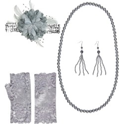 Widmann - Set Charleston, Fascia per Testa in Paillettes con Fiore - Orecchini - Collana - Guanti in Pizzo da Donna - Travestime