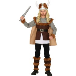 Widmann – Costume da Vichingo per bambini 128 cm (5/7 anni), tunica con cintura e mantello, scaldamuscoli per gambe, casco, 1064