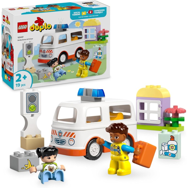 LEGO 10447 DUPLO Ambulanza e Autista, Giocattolo Educativo da 2 Anni, Giochi Didattici e di Ruolo con Autista del Veicolo e Pazi