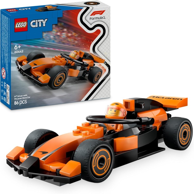 LEGO City 60442 - Pilota e Monoposto McLaren F1 - Modello di Macchina Giocattolo da Formula 1 con Minifigure