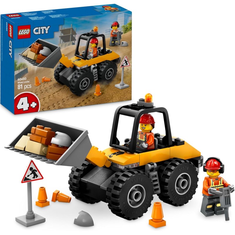 LEGO City 60450 - Pala Gommata Gialla - Escavatore Giocattolo da Costruire, Veicolo da Cantiere con 2 Minifigure, Prescolari Mon